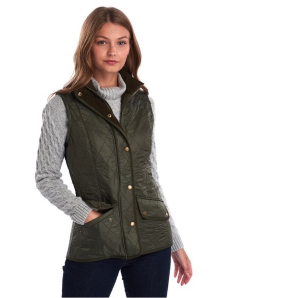 Barbour Olive Quilted Vest with Brass Snap Detail - UK 12 - US 8